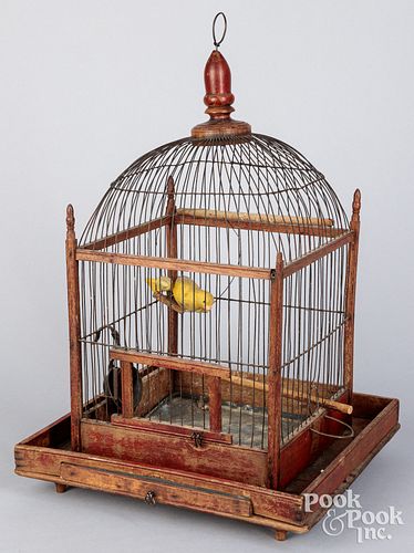 PAINTED PINE AND WIRE BIRDCAGE,