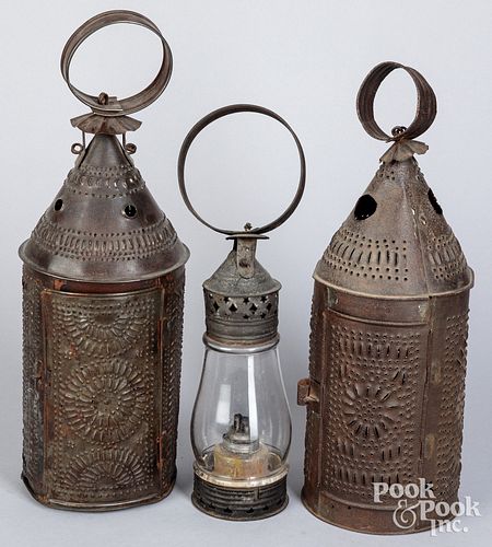 THREE TIN LANTERNS, 19TH C.Three