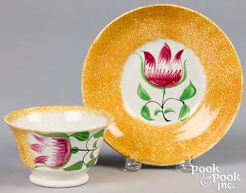 YELLOW SPATTER CUP AND SAUCER WITH