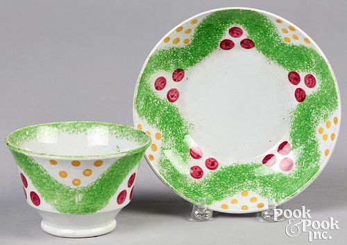 GREEN SPATTER CUP AND SAUCER WITH