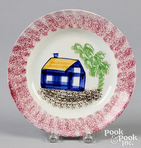 RED SPATTER PLATE WITH BLUE SCHOOLHOUSERed 30f5a5