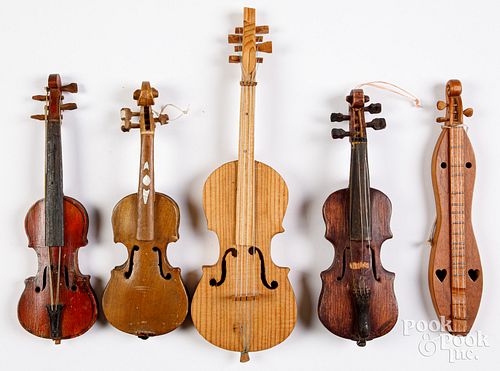 FOUR MINIATURE VIOLINS AND A DULCIMERFour 30f5c6