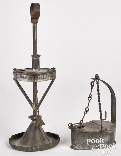 TWO TIN FAT LAMPS, 19TH C.Two tin