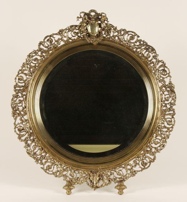 Brass reticulated standing mirror; heavy