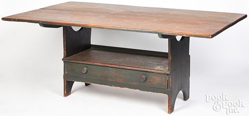 LARGE PINE BENCH TABLE, 19TH C.Large