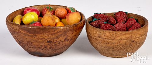 TWO BURL BOWLS, 19TH C., WITH FRUITTwo