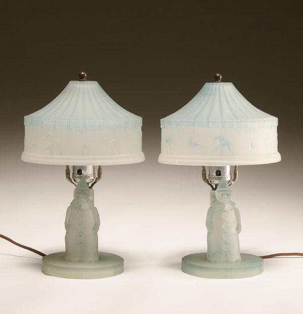 Pair frosted glass clown lamps;