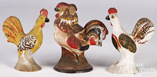 TWO PENNSYLVANIA CHALKWARE ROOSTERS  30f7aa