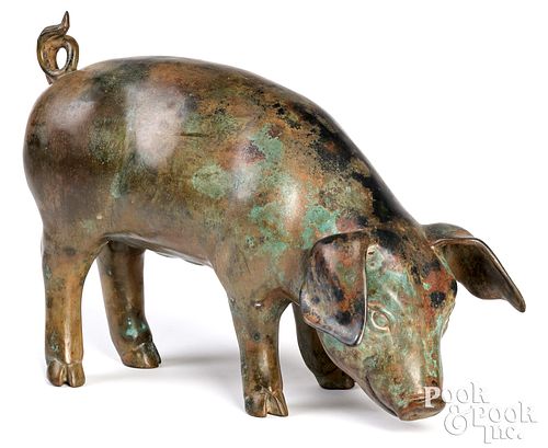 PATINATED BRONZE PIG FIGURE, 20TH