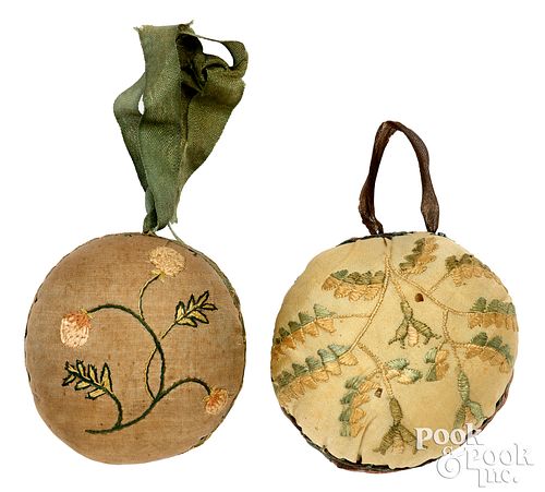 TWO SILK EMBROIDERED SEWING BALLS  30f819