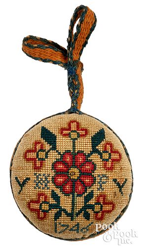 EARLY EMBROIDERED SEWING BALL,