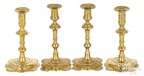 TWO PAIR OF QUEEN ANNE BRASS CANDLESTICKSTwo