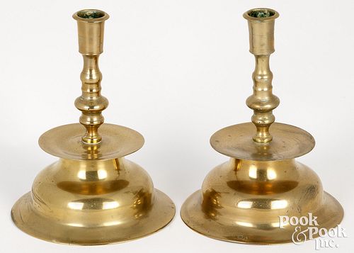 PAIR OF BRASS BELL BASE CANDLESTICKS,