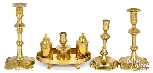 THREE QUEEN ANNE BRASS CANDLESTICKS