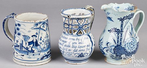 THREE PIECES OF BLUE AND WHITE DELFTWARE,