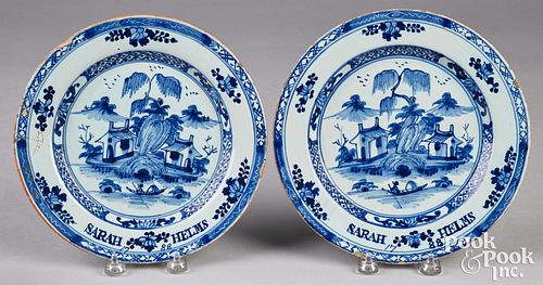 PAIR OF ENGLISH DELFTWARE PLATES,