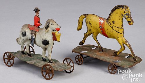 TWO PAINTED TIN PLATFORM PULL TOYS  30f925