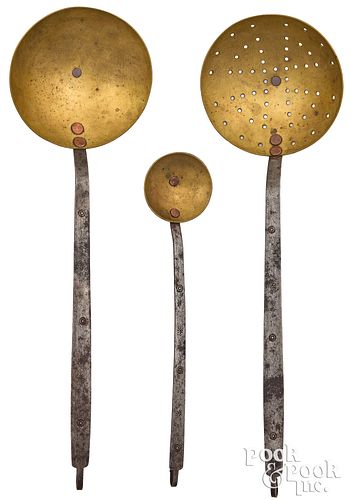 SET OF THREE BRASS AND WROUGHT