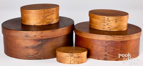 STACK OF FIVE SHAKER BENTWOOD BOXES,