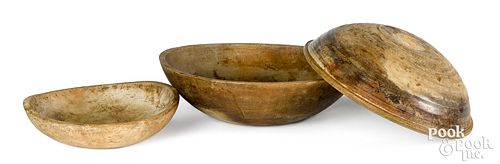 THREE LARGE TURNED WOOD BOWLS,