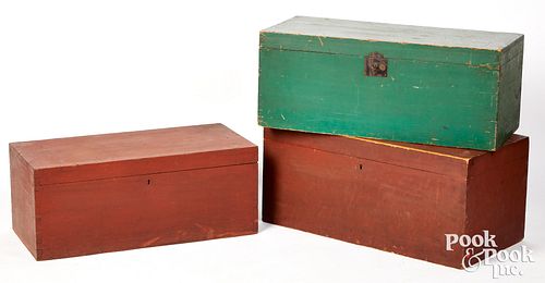 THREE PAINTED PINE STORAGE BOXES,