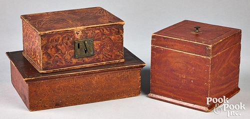 THREE PAINTED PINE BOXES 19TH 30fa5a