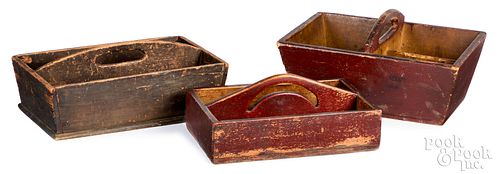 THREE PAINTED PINE CUTLERY TRAYS,