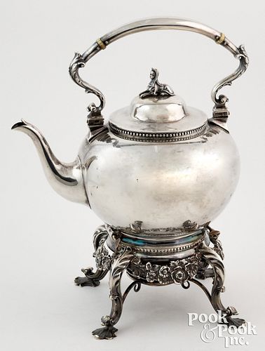 BOSTON COIN SILVER KETTLE ON STAND,