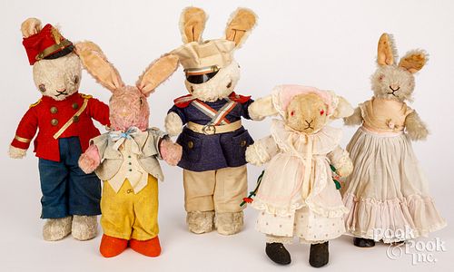 FIVE VINTAGE DRESSED PLUSH RABBITSFive