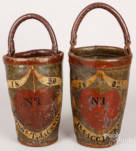 PAIR OF PAINTED LEATHER FIRE BUCKETSPair 30d55f