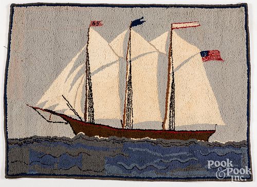 HOOKED RUG WITH SAILBOAT MID 20TH 30d576