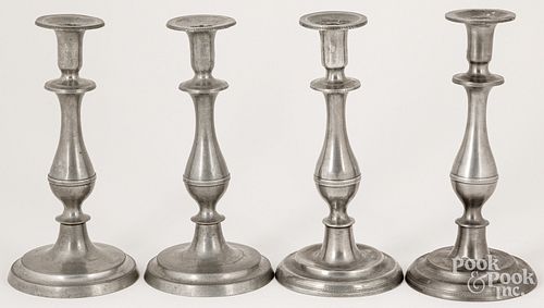 TWO PAIRS OF OHIO PEWTER CANDLESTICKS,