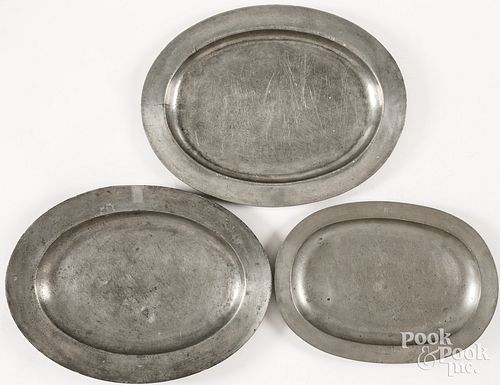 THREE OVAL PEWTER PLATTERS 18TH 19TH 30d5e5