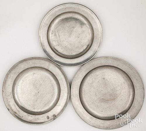 THREE PEWTER CHARGERS 18TH 19TH 30d5e3