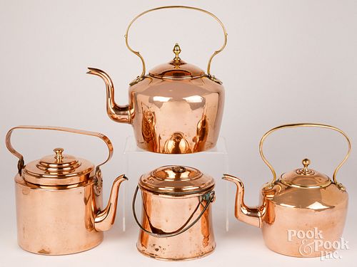THREE COPPER AND BRASS KETTLES,