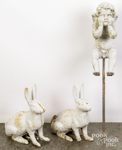 TWO CAST IRON GARDEN RABBITS, ETCTwo