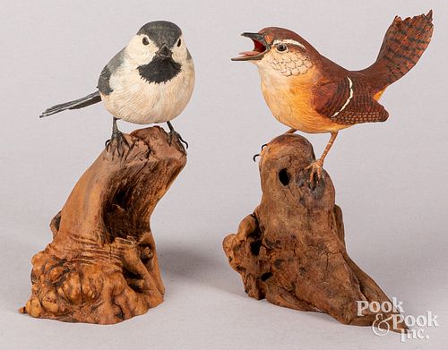 TWO CARVED AND PAINTED SONGBIRDSTwo