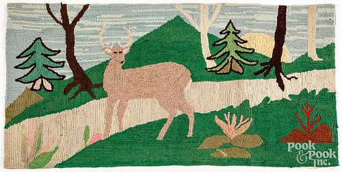 HOOKED RUG WITH DEER IN LANDSCAPE,