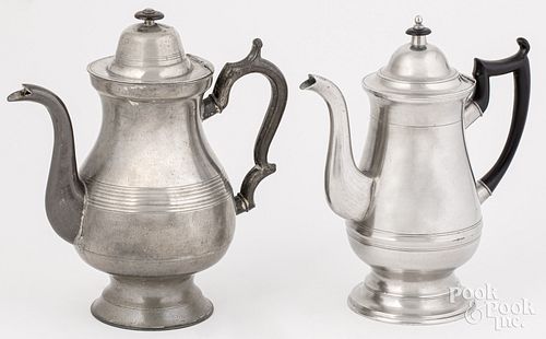 TWO NEW ENGLAND PEWTER COFFEEPOTS,