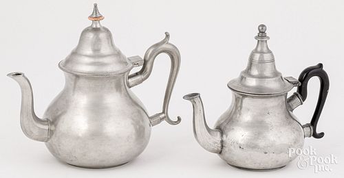TWO PEWTER PEAR SHAPED TEAPOTS,