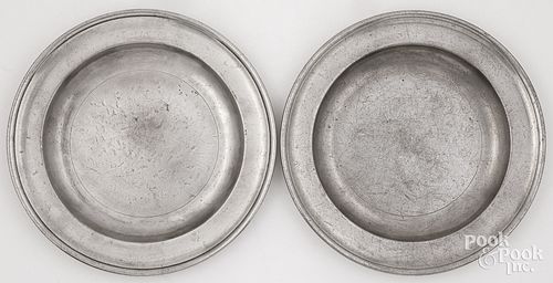 TWO NEW YORK PEWTER PLATES, 18TH