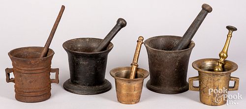 FIVE MORTAR AND PESTLES, 19TH C.Five