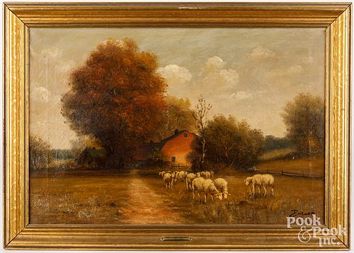 OIL ON CANVAS LANDSCAPE WITH SHEEP,