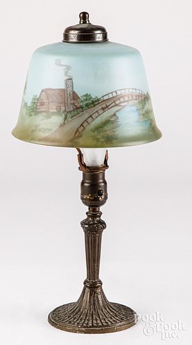 REVERSE PAINTED BOUDOIR LAMP, EARLY