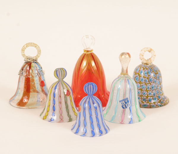 Six Murano art glass bells. Multi-color