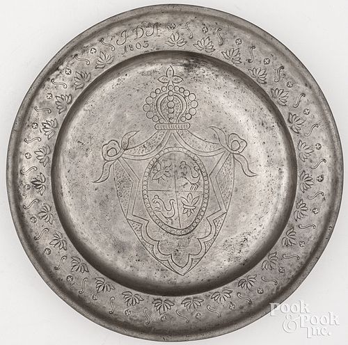 PEWTER DISH WITH CENTRAL SHIELDPewter