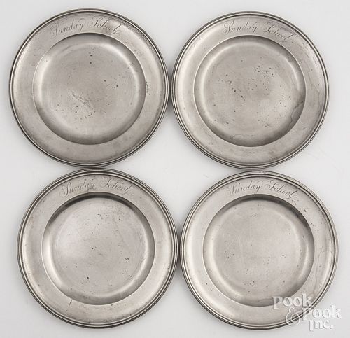 SET OF FOUR PEWTER PLATES, CA.