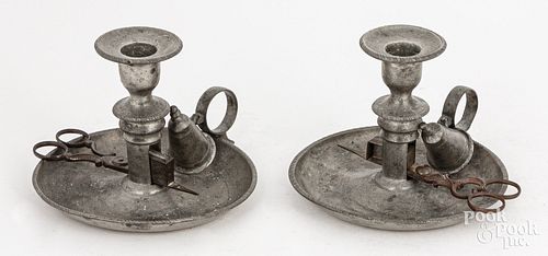 PAIR OF ENGLISH PEWTER CHAMBERSTICKS,