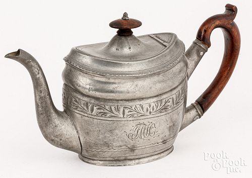 NEW ENGLAND FEDERAL PEWTER TEAPOT,