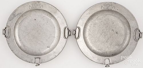 PAIR OF PEWTER HOT WATER PLATES,